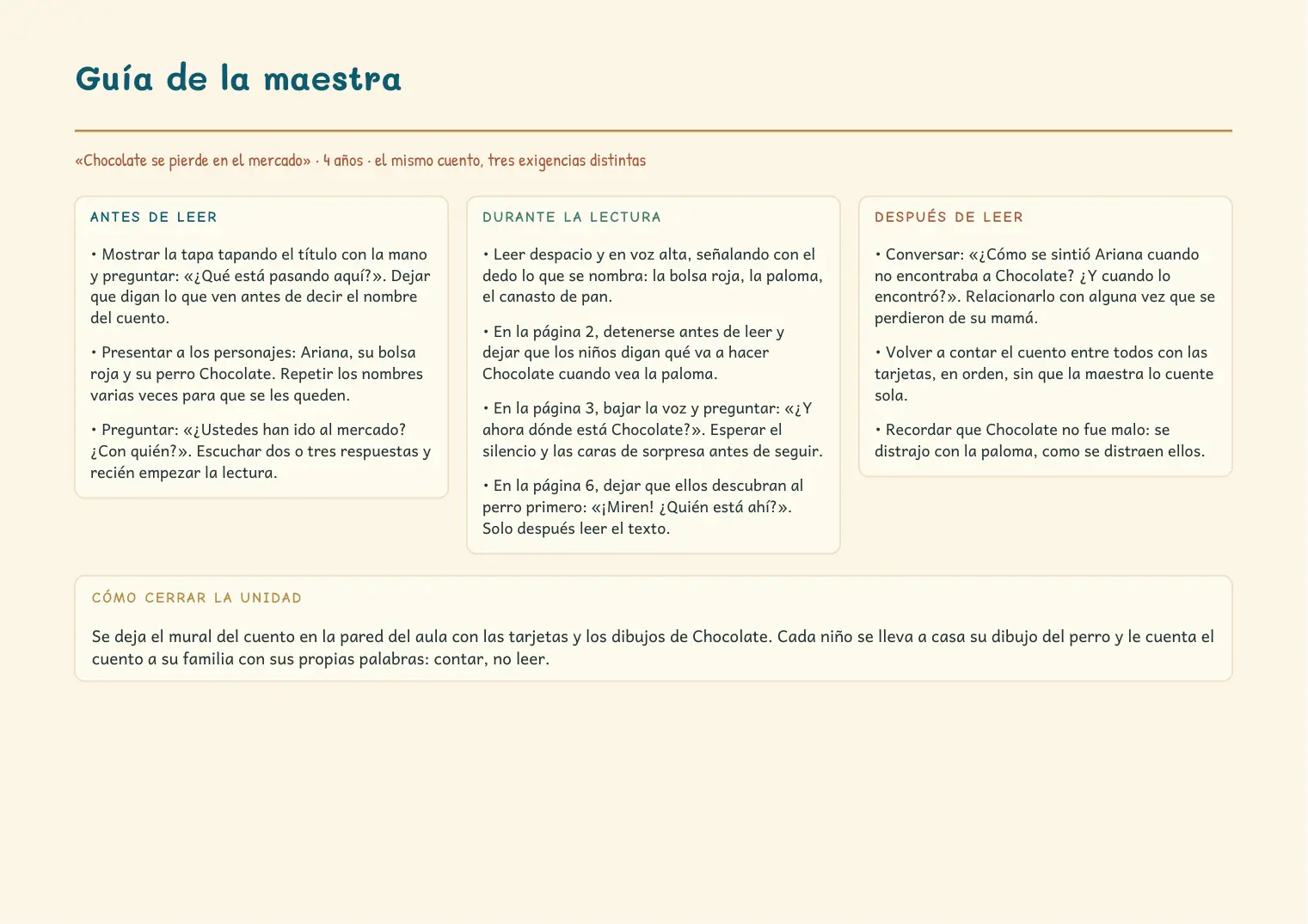 Página real 3 del material · Guía de la maestra · antes, durante y después de leer el cuento
