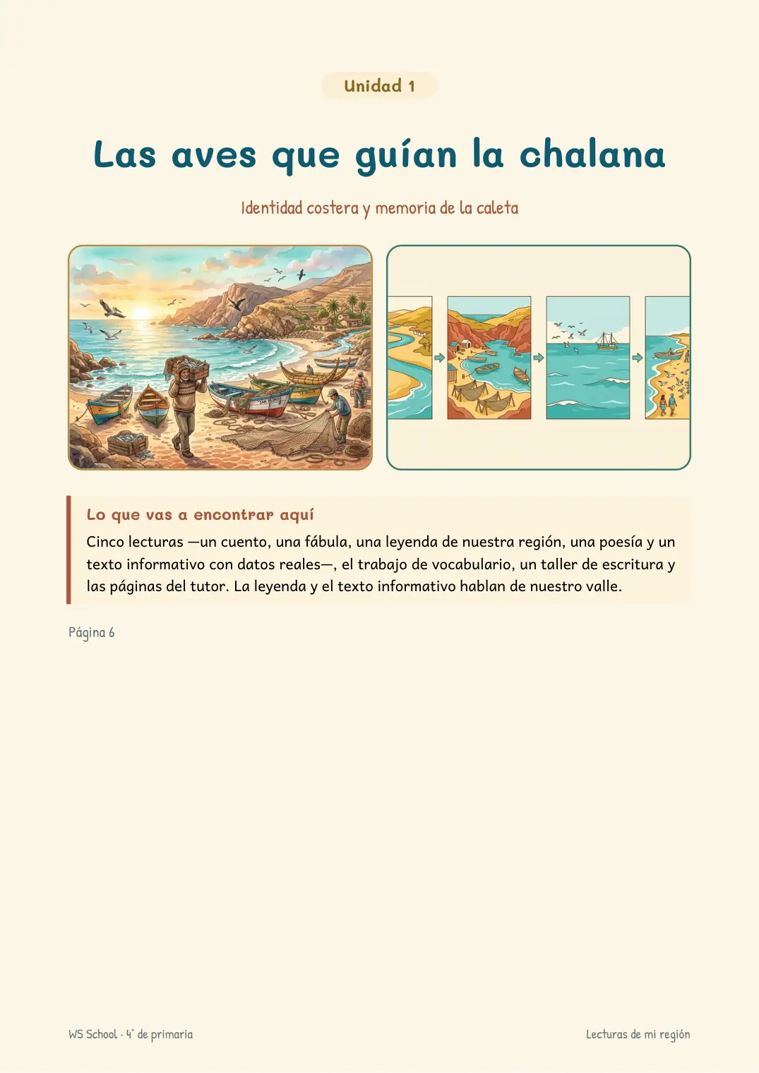 Página real 1 del material · Apertura de unidad · Unidad 1 · Las aves que guían la chalana · Identidad costera y memoria de la caleta