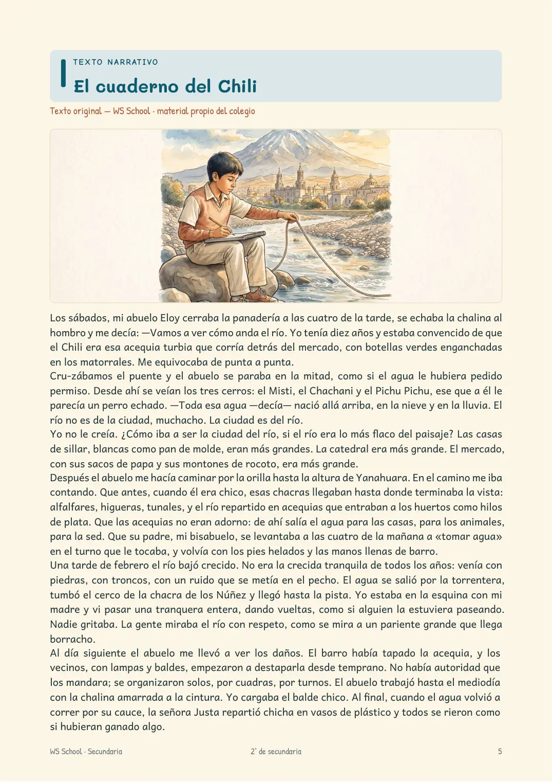Página real 1 del material · Texto narrativo · El cuaderno del Chili · texto original WS School