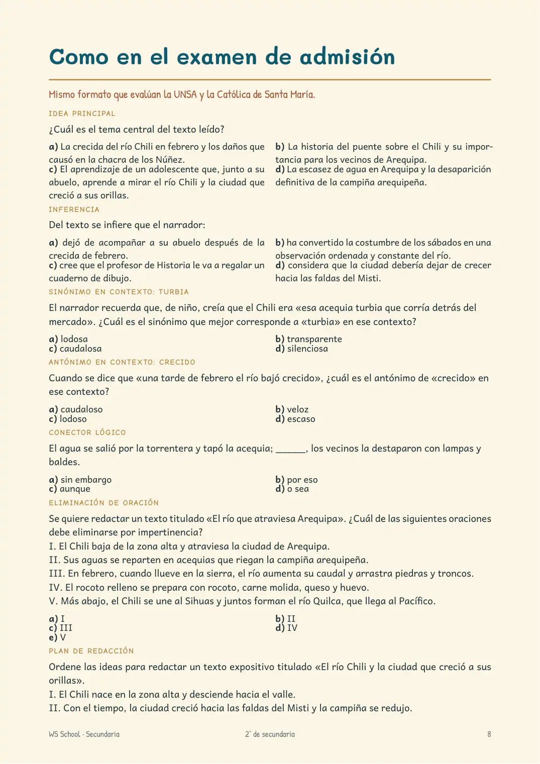 Página real 3 del material · Ítems con formato de examen de admisión · UNSA y UCSM