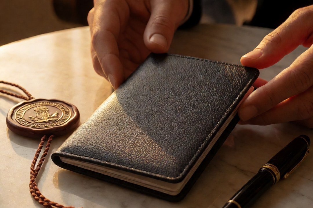 Manos sosteniendo un pasaporte de cuero oscuro junto a un sello de cera y una pluma estilográfica