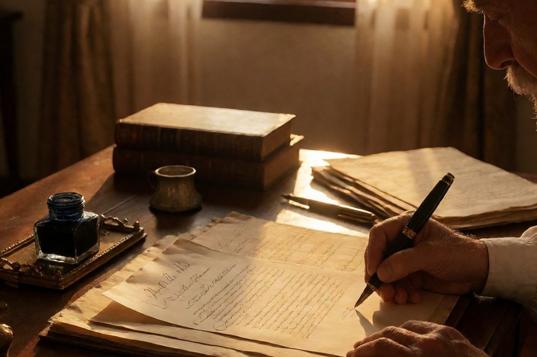 Mano escribiendo con pluma estilográfica sobre documentos antiguos, a la luz de una ventana