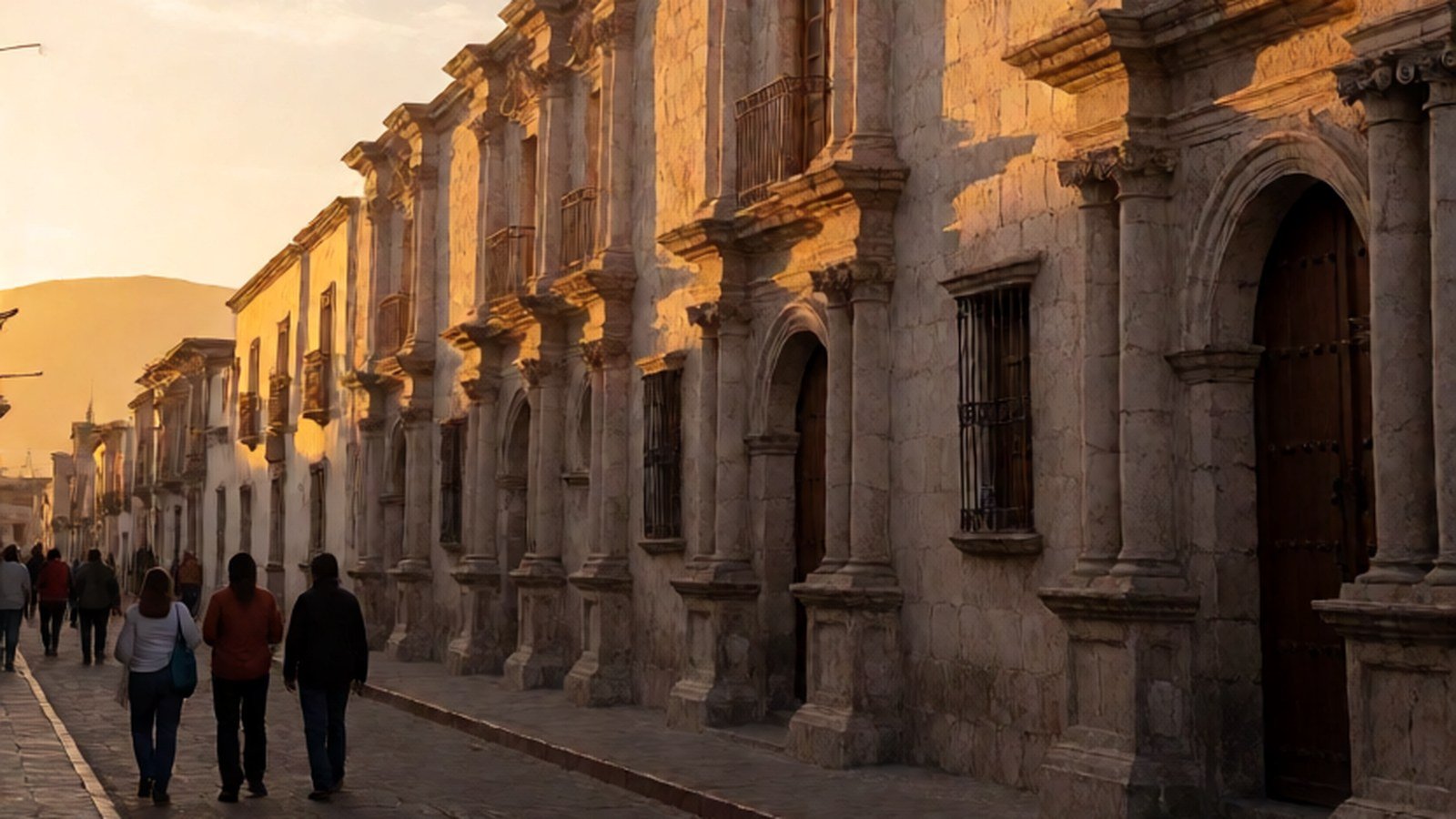 Calle Santa Catalina, en el centro histórico de Arequipa, con edificios de sillar blanco al atardecer