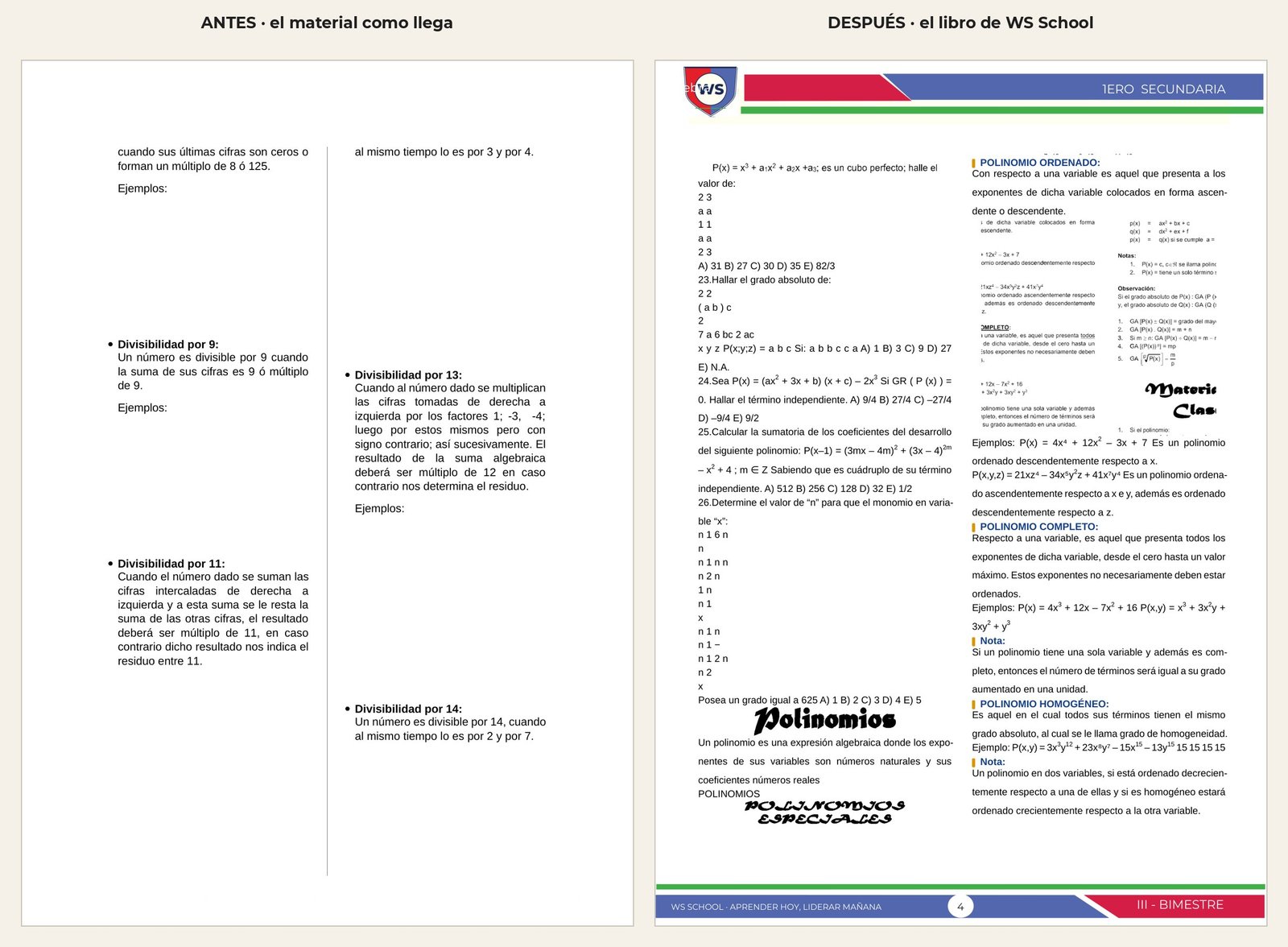 Comparación: a la izquierda el material original del colegio, a la derecha la página maquetada con el diseño del colegio