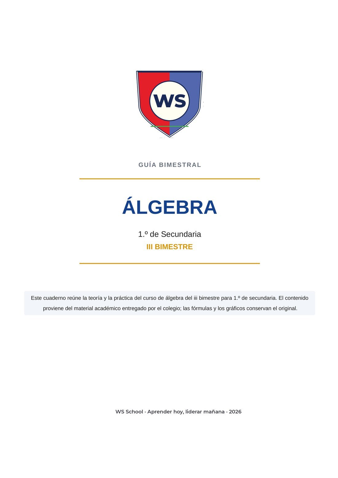 Portadilla del curso con el escudo de WS School, el grado y el bimestre